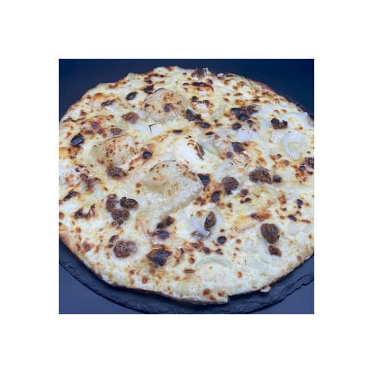 AUTHENTIQUE : Crème fraîche, mozzarella 100 %, camembert, raclette, oignons, figues grillées, miel.