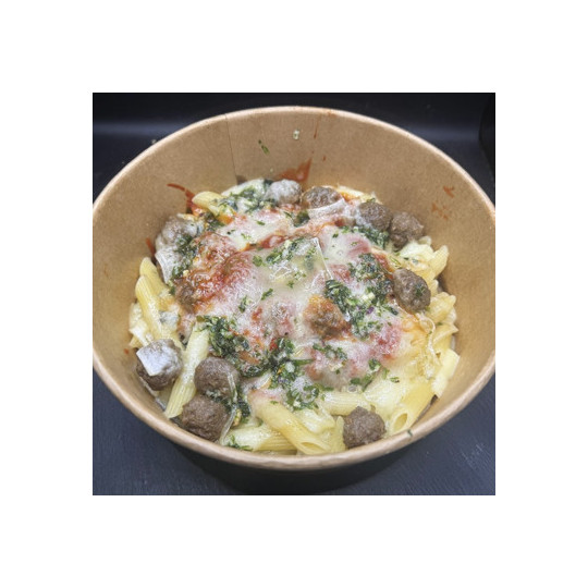 BOWL BURGER POITRINES FUMÉES RACLETTE : Boulette de bœuf, p. fumées, s. tomate du chef, mozzarella & raclette, huile persillée