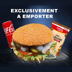 Menu burger raclette : Pain burger, boul. de bœuf, Raclettes, tomate, cornichons, roquette, sauce burger et bb + chips + boisson