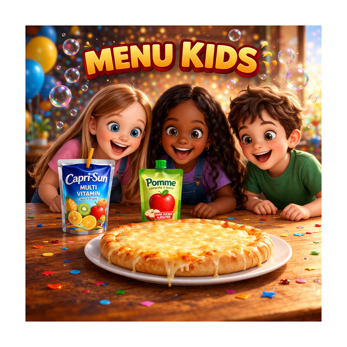 .KIDS MENU : 1 pizza junior + 1 Capri Sun  + 1 compote + 1 tube de bulles de savon