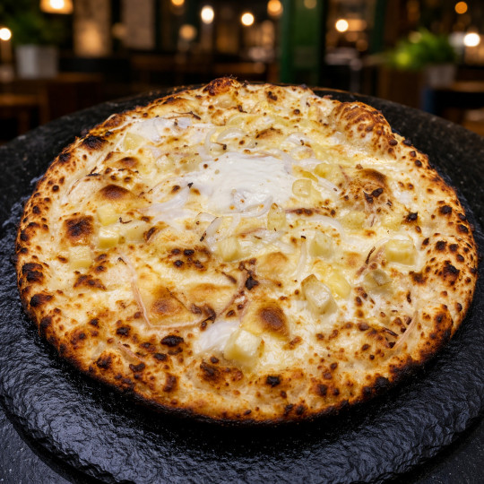 CAMPAGNARDE : Crème fraîche, mozzarella 100 %, Lardons, raclette, pommes de terre rissolées, oignons.