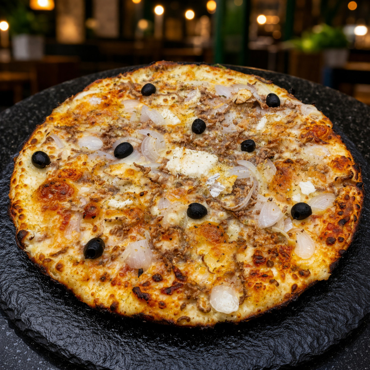 CAMPIONE CAMEMBERT : Steak haché, oignons, olives, camembert rustique, origan (halal).