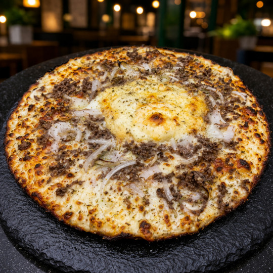 CAMPIONE CLASSIQUE : Sauce tomate maison, mozzarella 100 %, viande hachée 100 % pur bœuf, œuf gratiné, oignons, origan (halal).