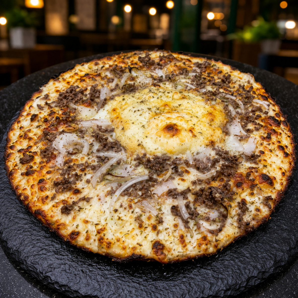 CAMPIONE CLASSIQUE : Sauce tomate maison, mozzarella 100 %, viande hachée 100 % pur bœuf, œuf gratiné, oignons, origan (halal).