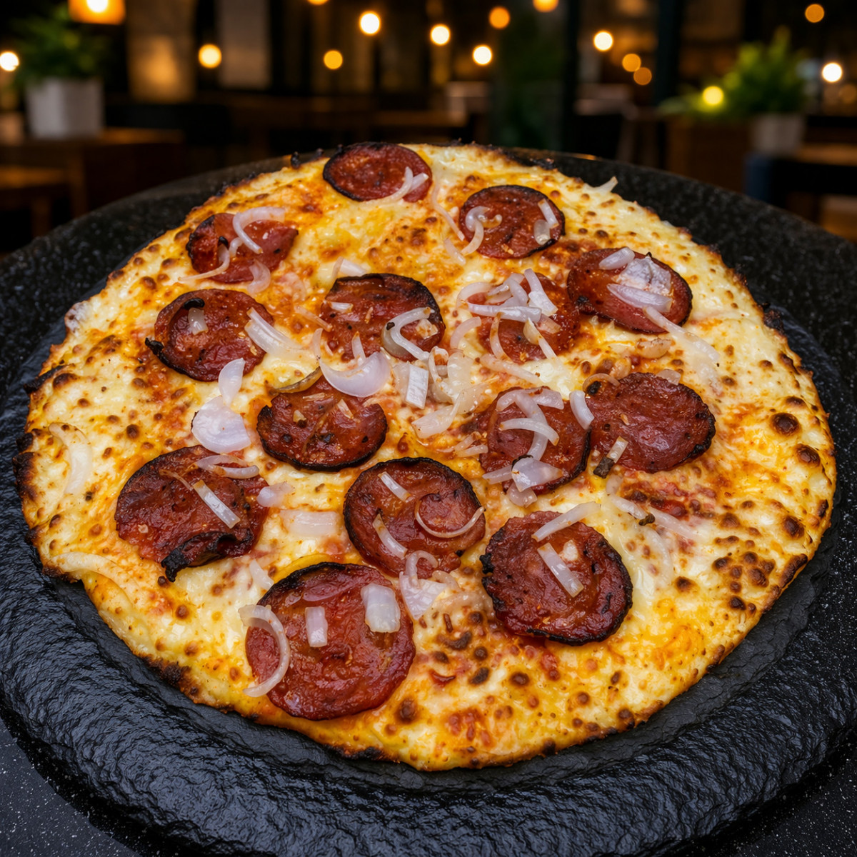 CHORIZO CLASSIQUE : Sauce tomate du chef, mozzarella 100 %, chorizo, oignons, origan.