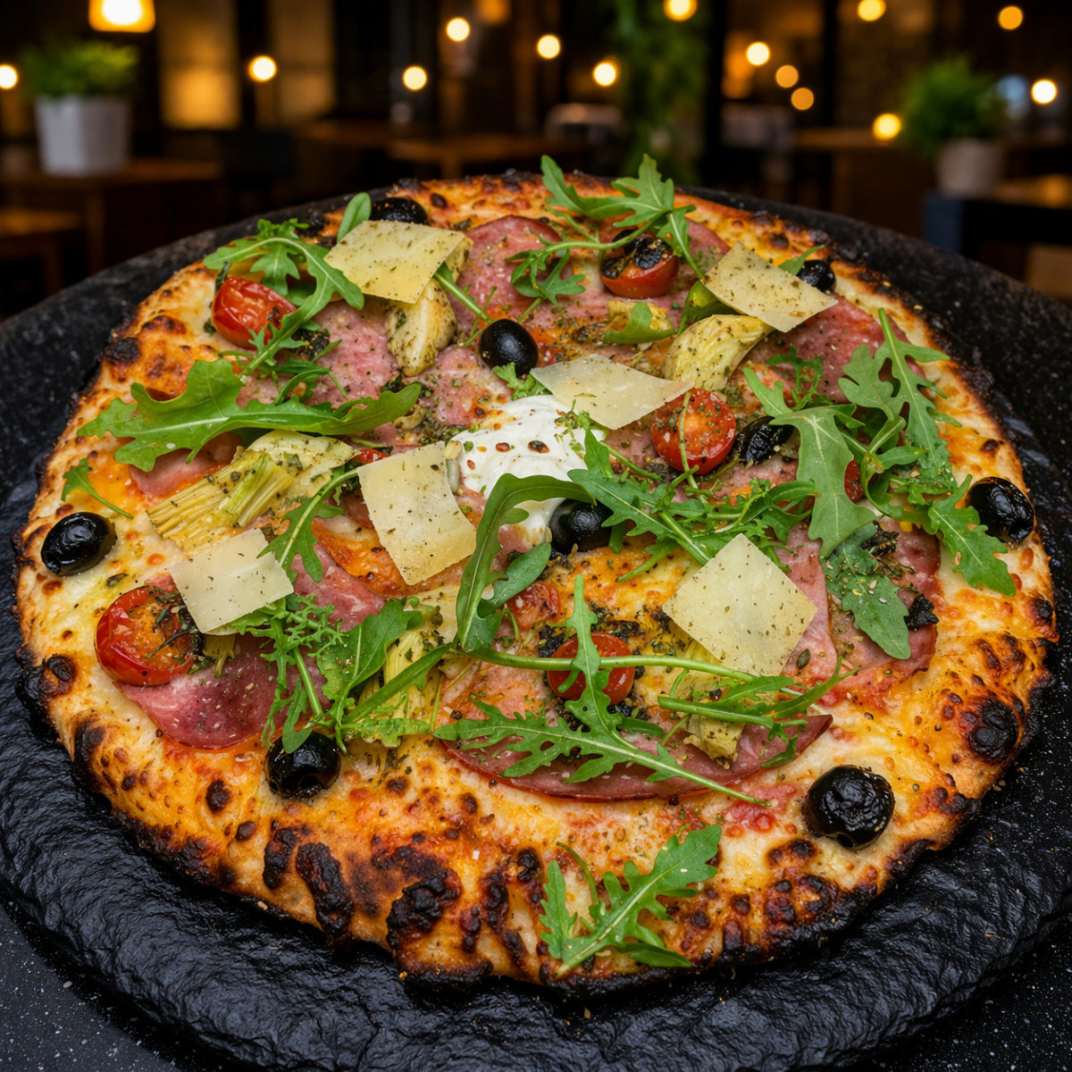 CYNARA : Sauce tomate maison, mozzarella 100 %, jambon blanc, artichauts, tomates cerises, olives, roquette, Comté AOC