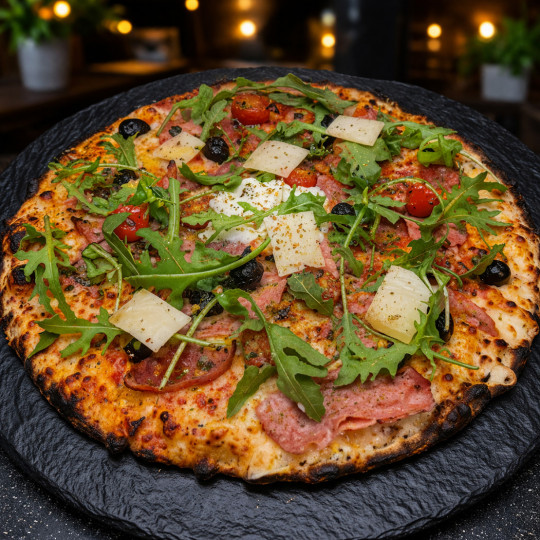 ITALIENNE : Sauce tomate maison, mozzarella 100 %, jambon blanc, olives, tomates cerises, roquette, Comté AOC, origan.