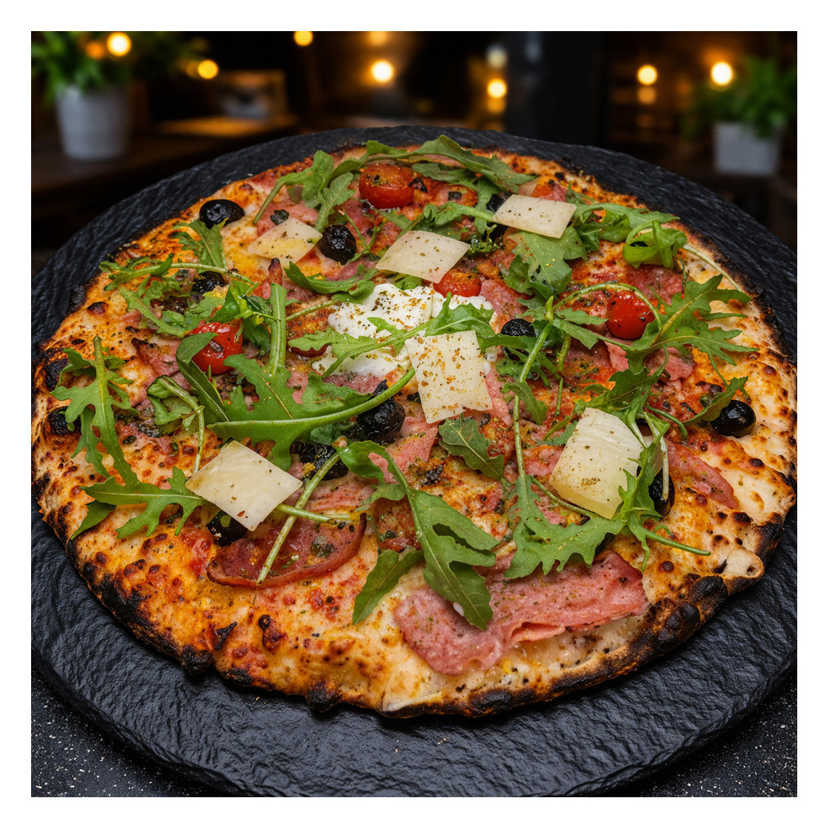 ITALIENNE : Sauce tomate maison, mozzarella 100 %, jambon blanc, olives, tomates cerises, roquette, Comté AOC, origan.