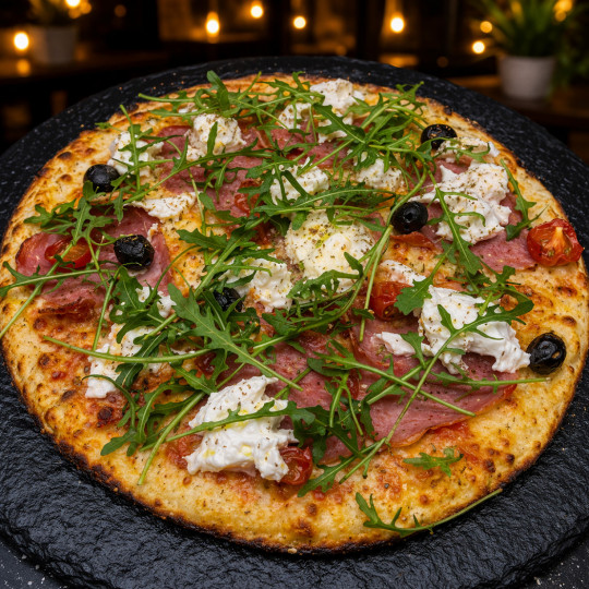 ITALIENNE DI BUFALA : S. t. maison, mozzarella 100 %, jambon blanc, olives, t. cerises, mozzarella di bufala, roquette, origan.