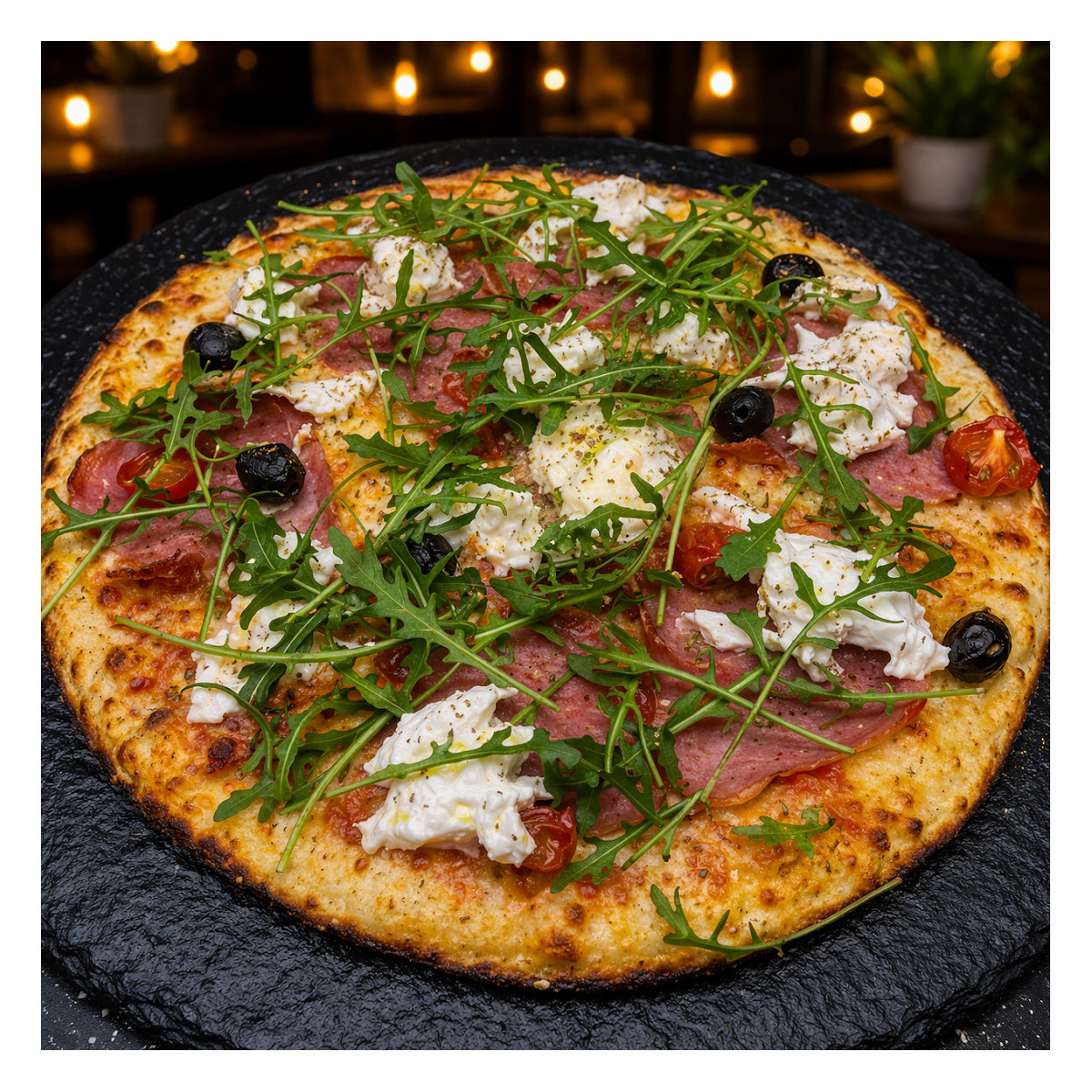 ITALIENNE DI BUFALA : S. t. maison, mozzarella 100 %, jambon blanc, olives, t. cerises, mozzarella di bufala, roquette, origan.