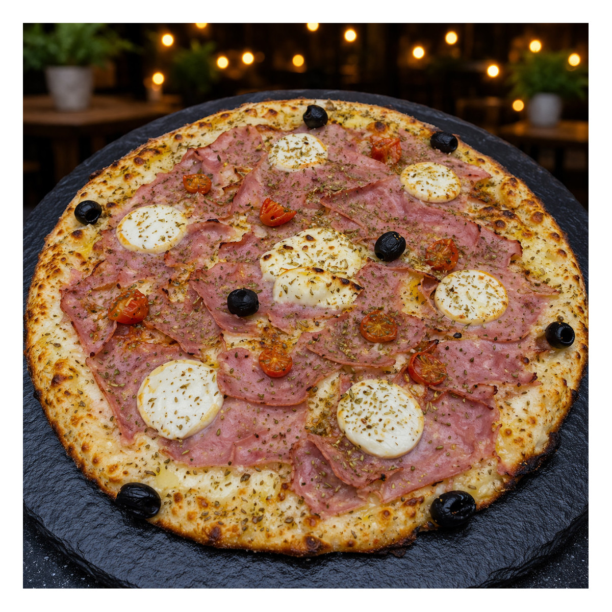 JAMBON CHEVRE : Sauce tomate maison, mozzarella 100 %, jambon blanc, chèvre, tomates cerises, olives, origan, ail.