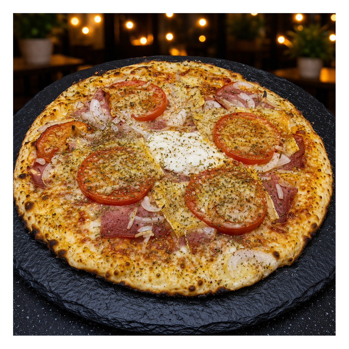 LA CROQUE : Sauce tomate maison, mozzarella 100 %, jambon blanc, rondelles de tomate, oignons, comté, origan.