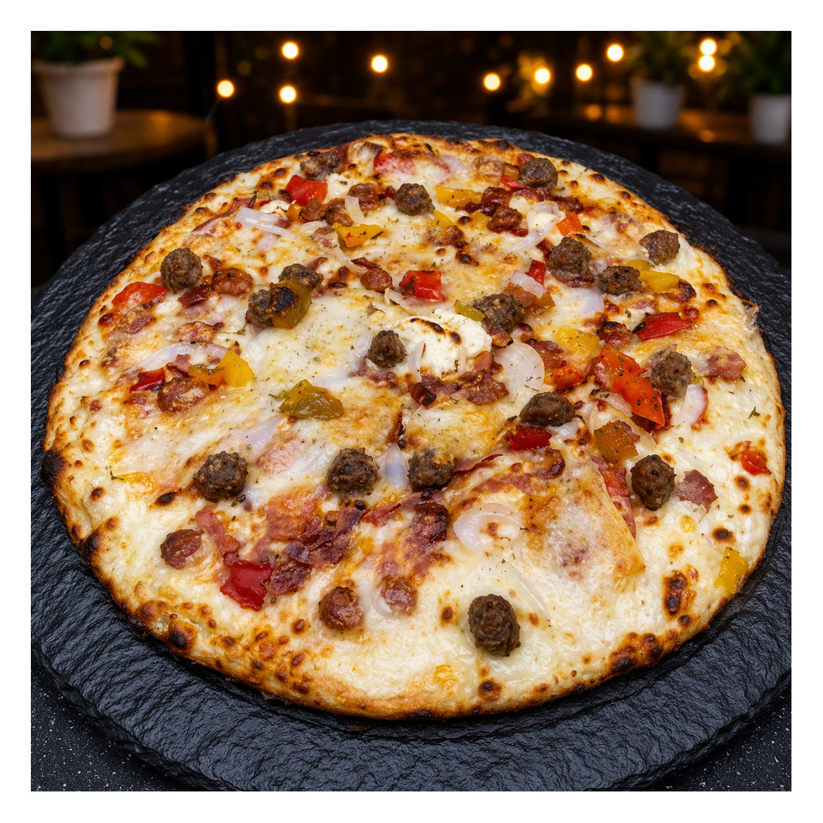 MANATHAN : Crème fraîche, mozzarella 100 %, merguez, boulettes, poivrons grillés, oignons, comté, sauce barbecue (halal).