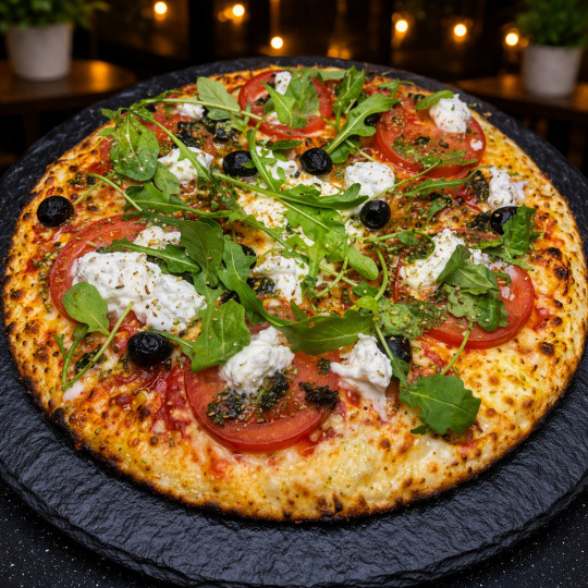 MARGHERITA DI BUFALA : Sauce tomate maison, mozzarella 100 %, rondelles de tomate, mozzarella di bufala, roquette, origan.