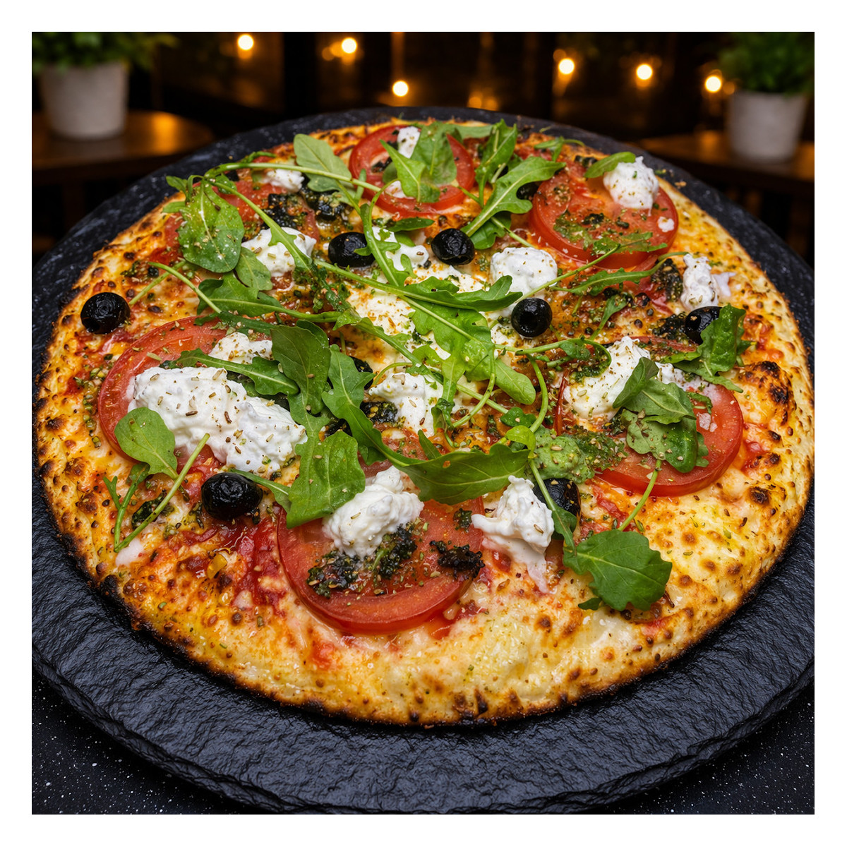 MARGHERITA DI BUFALA : Sauce tomate maison, mozzarella 100 %, rondelles de tomate, mozzarella di bufala, roquette, origan.