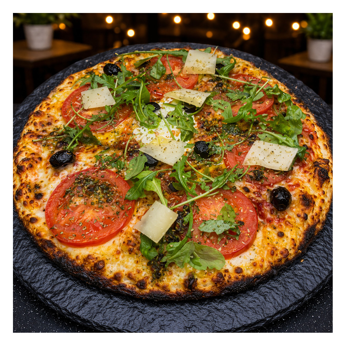 MARGHERITA DU CHEF : Sauce tomate maison, mozzarella 100 %, rondelles de tomate, olives, roquette, Comté AOC, origan.
