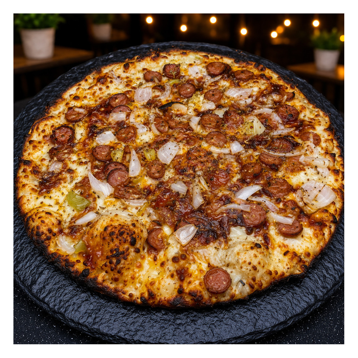 MERGUEZ BB CLASSIQUE : Crème fraîche, sauce barbecue, mozzarella 100 %, merguez, oignons, origan (halal).