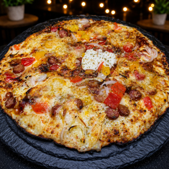 MERGUEZ BB COMTE : Crème fraîche, mozzarella 100 %, merguez, poivrons grillés, oignons, comté, origan, sauce barbecue (halal).