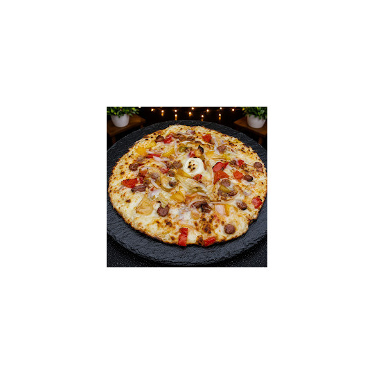 MERGUEZ COMTE :Sauce tomate maison, mozzarella 100 %, merguez, oignons, origan (halal).