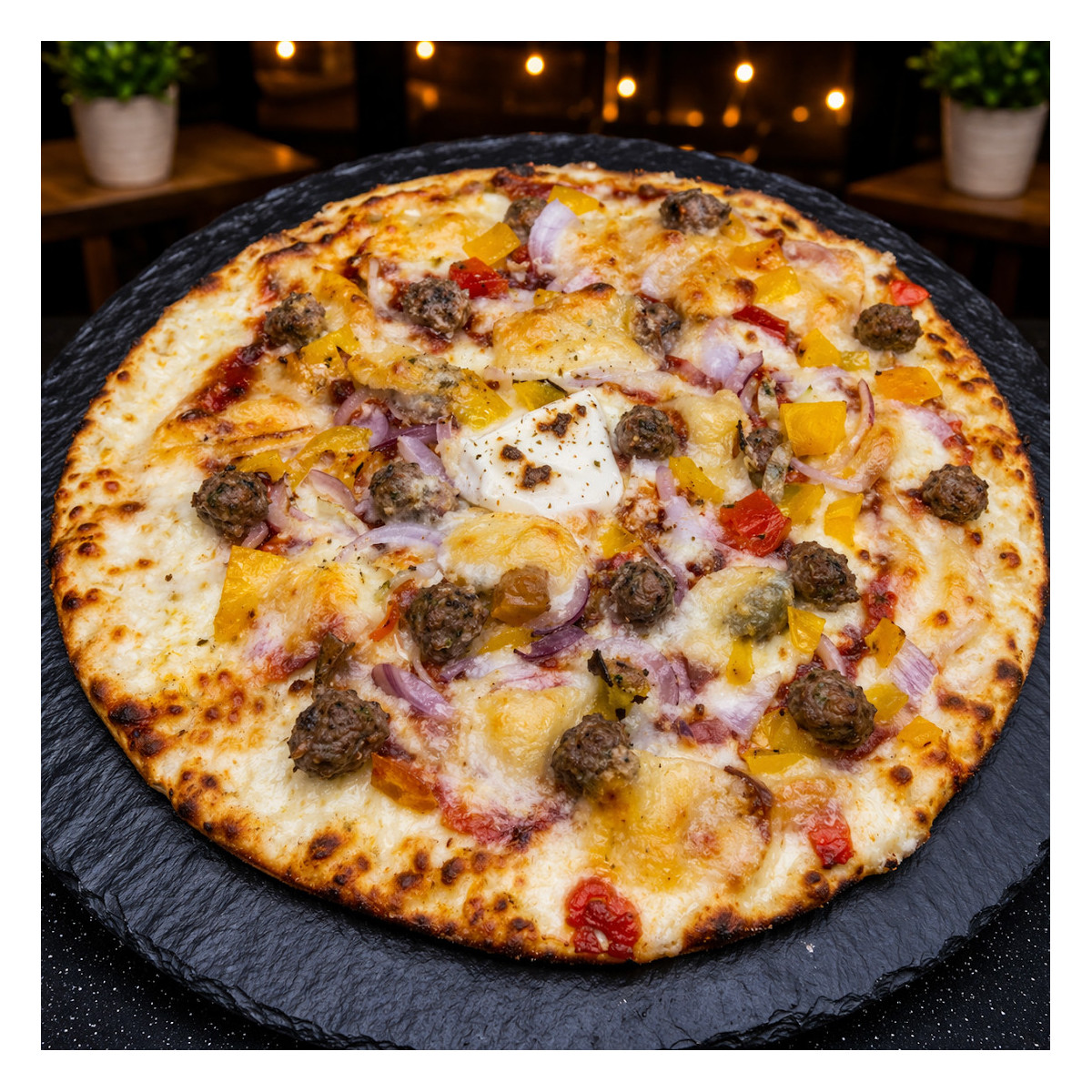 MEXICAINE : Crème fraîche, mozzarella 100 %, boulettes de bœuf, comté, poivrons grillés, oignons, sauce barbecue (halal).