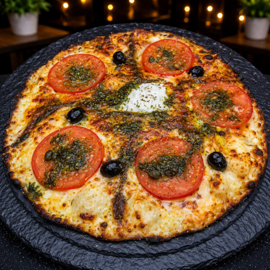 NAPOLITAINE : Sauce tomate maison, mozzarella 100 %, rondelles de tomate, anchois, câpres, olives, origan.