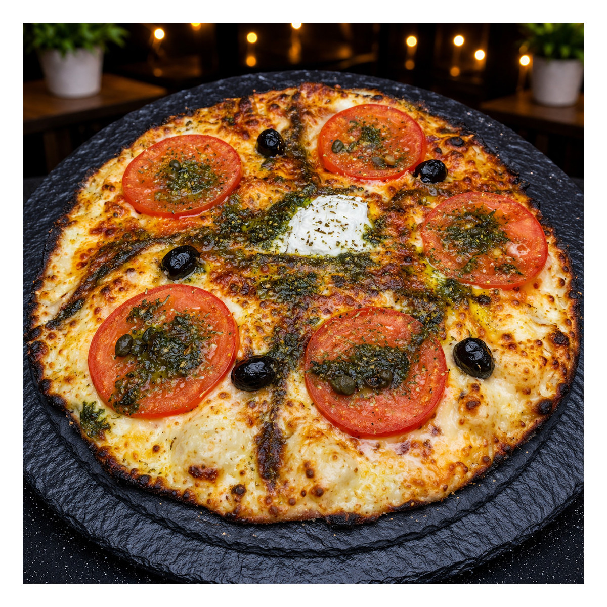 NAPOLITAINE : Sauce tomate maison, mozzarella 100 %, rondelles de tomate, anchois, câpres, olives, origan.