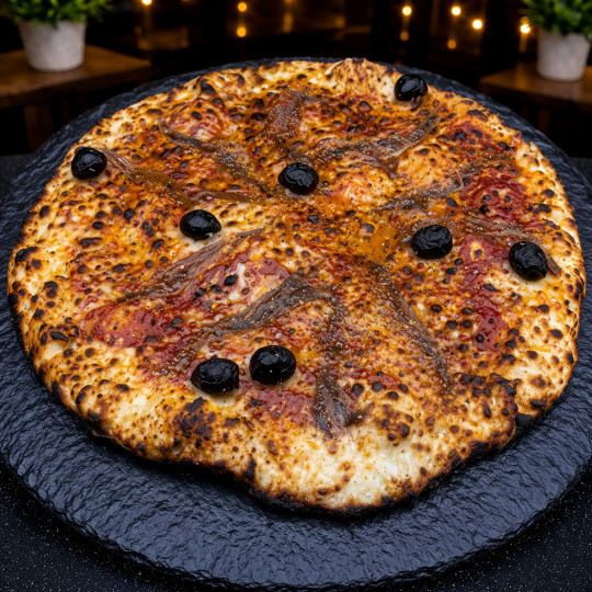 NAPOLITAINE CLASSIQUE : Sauce tomate maison, mozzarella 100 %, anchois, olives.