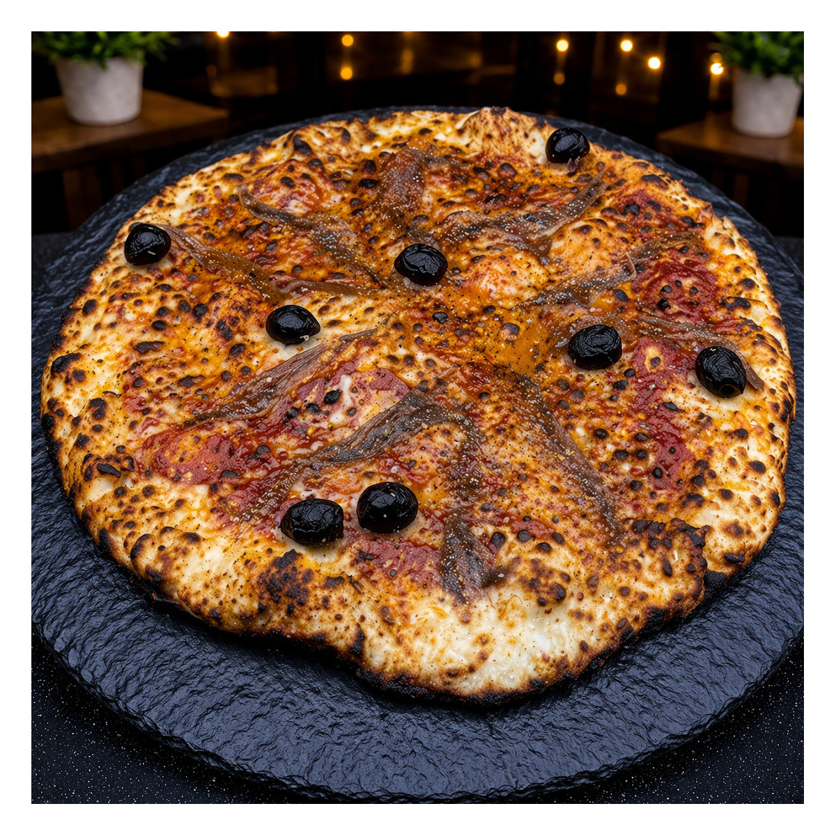 NAPOLITAINE CLASSIQUE : Sauce tomate maison, mozzarella 100 %, anchois, olives.