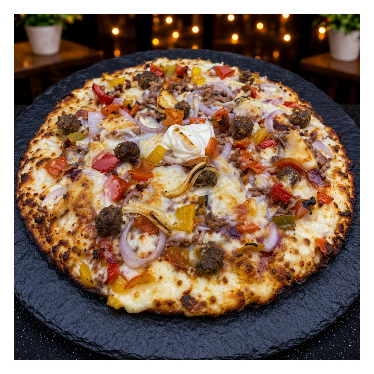 NEWYORK : Crème fraîche, mozzarella 100 %, steak haché, boulettes, comté, poivrons grillés, oignons, sauce barbecue (halal).