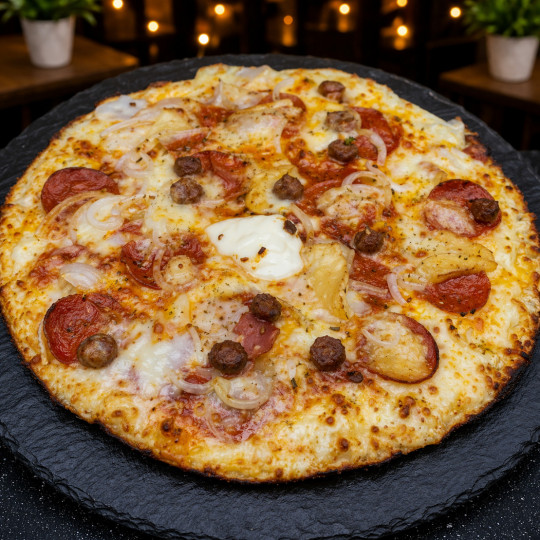ORIENTAL : Sauce tomate du chef, mozzarella 100%, merguez, oignons, pepperonis, comté, origan (Halal).