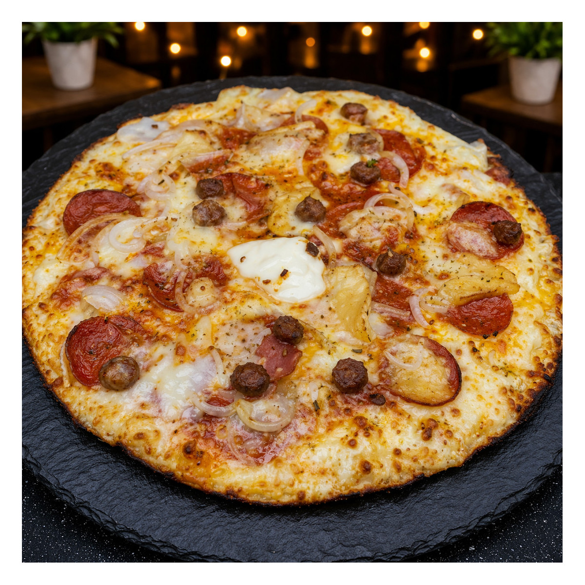 ORIENTAL : Sauce tomate du chef, mozzarella 100%, merguez, oignons, pepperonis, comté, origan (Halal).