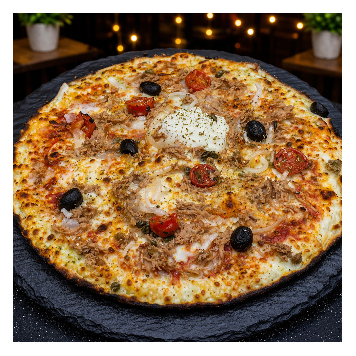 PECHEUSE : Sauce tomate du chef, mozzarella 100 %, thon, câpres, tomates cerises, oignons, olives, origan.