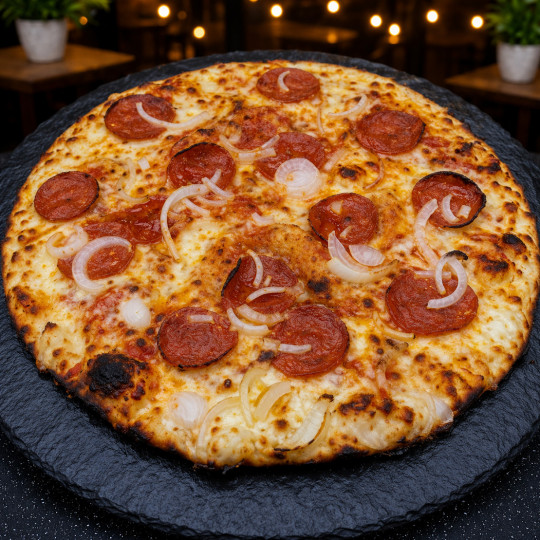 PEPPERONIE CLASSIQUE : Sauce tomate du chef, mozzarella 100 %, peppéronis, oignons, origan.(halal)