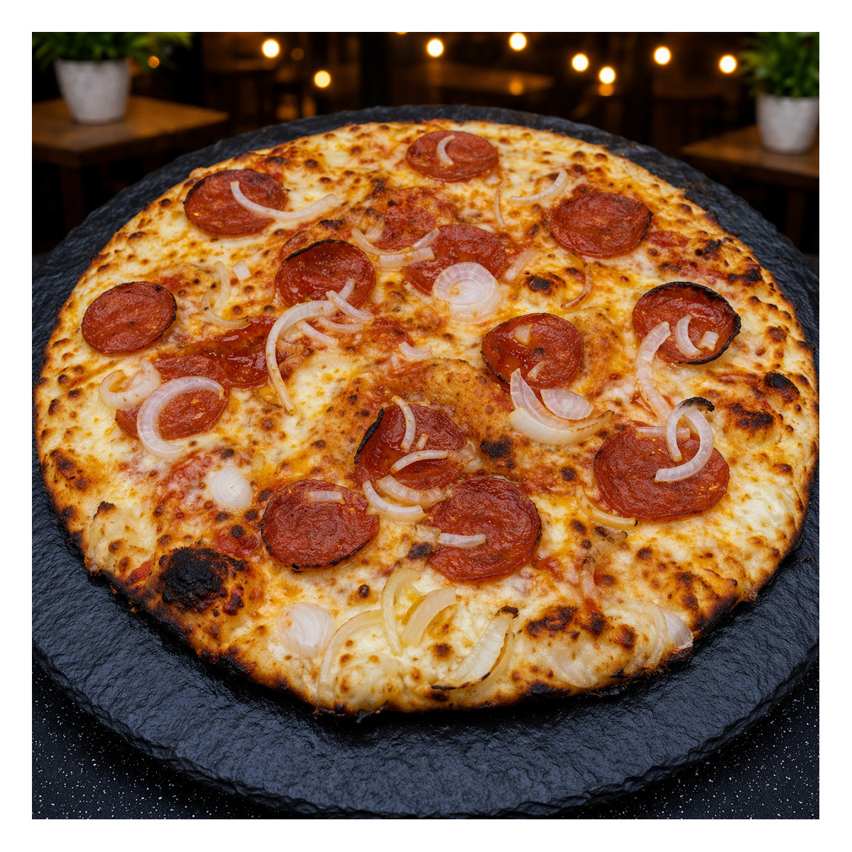 PEPPERONIE CLASSIQUE : Sauce tomate du chef, mozzarella 100 %, peppéronis, oignons, origan.(halal)