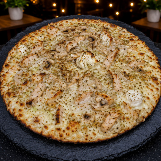 PESTO POULET CHEVRE : Crème fraîche, mozzarella 100 %, poulet, chèvre, pesto, oignons, origan.(halal)