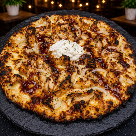 POULET BB CLASSIQUE : Crème fraîche, sauce barbecue, mozzarella 100 %, poulet, oignons, origan (halal).