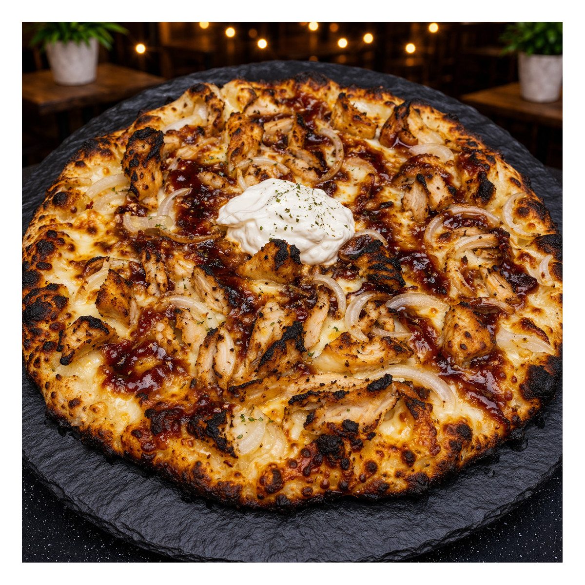 POULET BB CLASSIQUE : Crème fraîche, sauce barbecue, mozzarella 100 %, poulet, oignons, origan (halal).