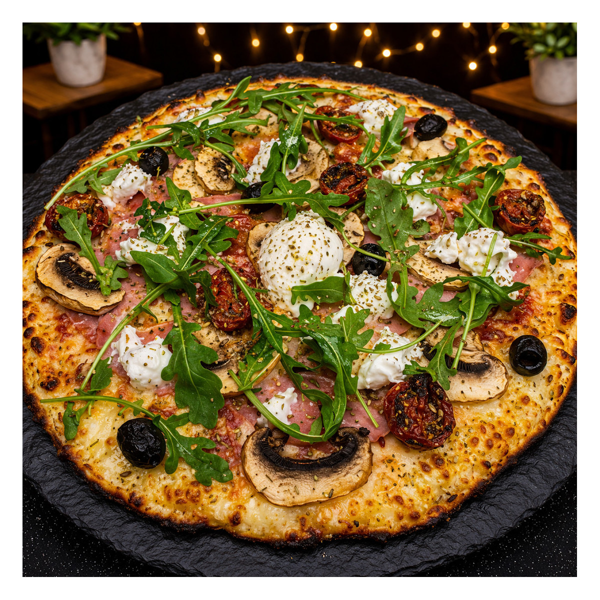 REINE DI BUFALA : S. tomate du Chef, mozzarella 100%, jambon blanc, champignons, tomates cerise, di bufala, roquette, origan