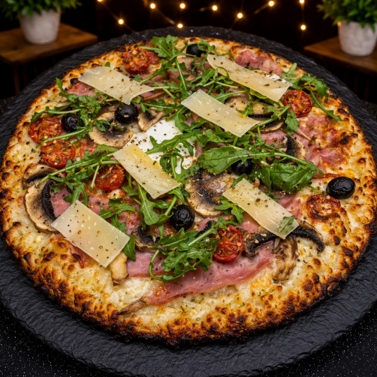 REINE DU CHEF : S. tomate du Chef, mozzarella 100%, jambon blanc, T. cerises, champignons, olives, origan, Comté AOC, roquette