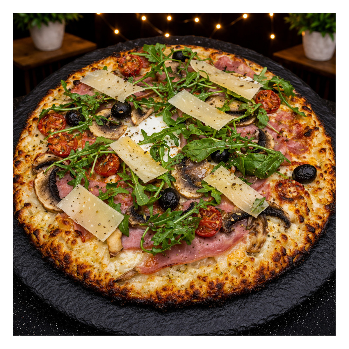 REINE DU CHEF : S. tomate du Chef, mozzarella 100%, jambon blanc, T. cerises, champignons, olives, origan, Comté AOC, roquette