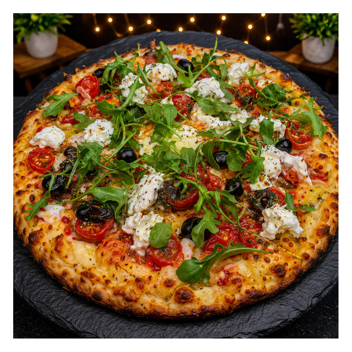 SAUMON DI BUFALA : S. tomate du Chef, mozzarella 100%, saumon sauvage, t. cerises, olives, di bufala, oignons, Roquettes, origan