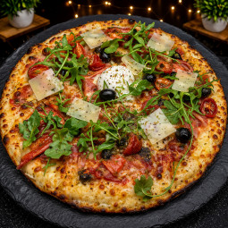 SAUMON DU CHEF : S. tomate du Chef, mozzarella 100%, saumon sauvage, t. cerises, olives, oignons, compté, roquettes, origan