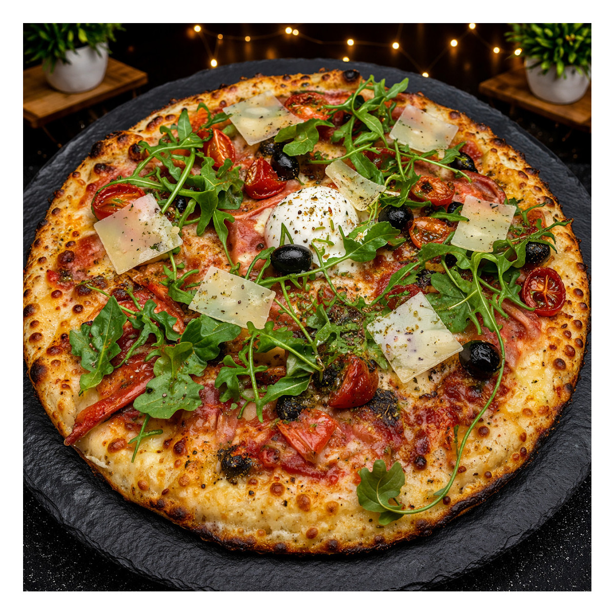 SAUMON DU CHEF : S. tomate du Chef, mozzarella 100%, saumon sauvage, t. cerises, olives, oignons, compté, roquettes, origan