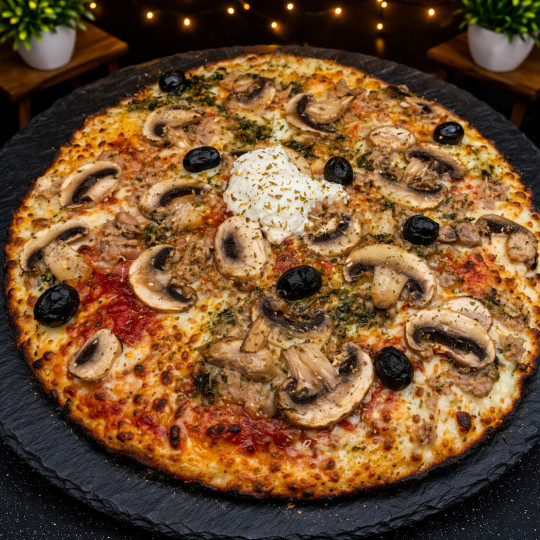 THON CHAMPIGNONS : Sauce tomate du Chef, mozzarella 100%, thon, champignons, olives, origan