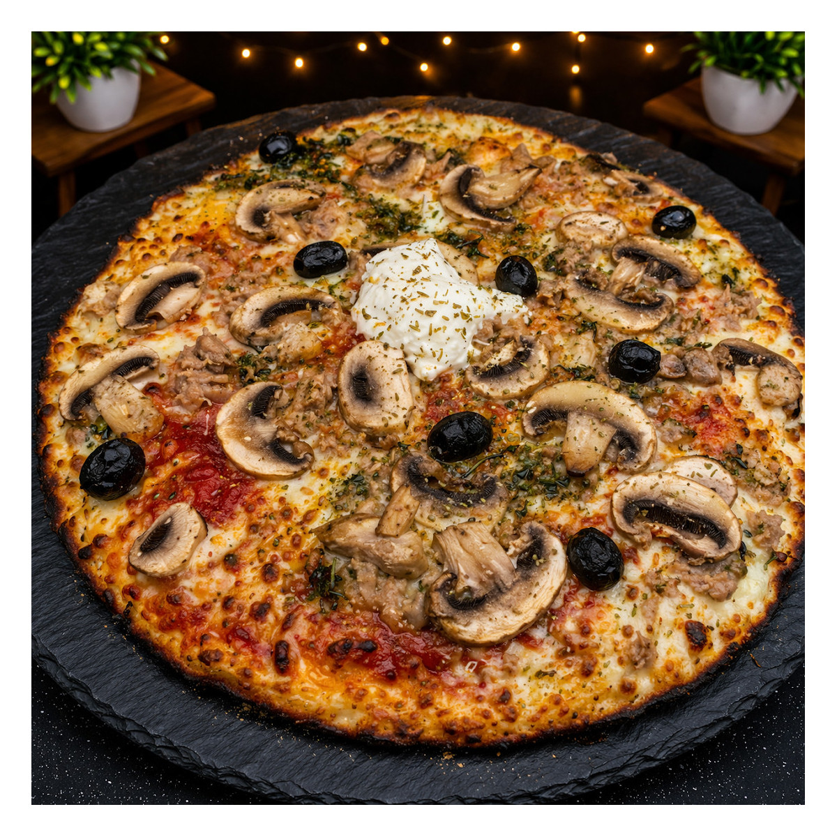 THON CHAMPIGNONS : Sauce tomate du Chef, mozzarella 100%, thon, champignons, olives, origan