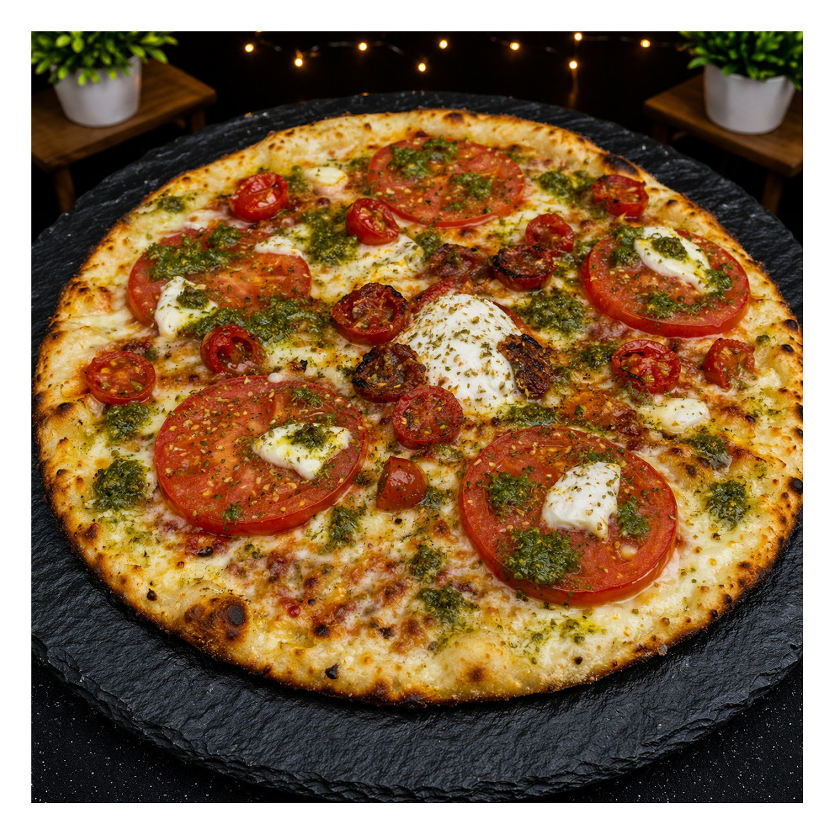 TOMATES PESTO CHEVRE : S. tomate maison, mozzarella 100 %, rondelles de tomates, t. cerises, olives, chèvre, pesto.