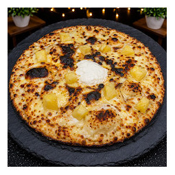 TROPICANA : Crème fraîche, mozzarella 100%, camembert, comté, ananas, miel.