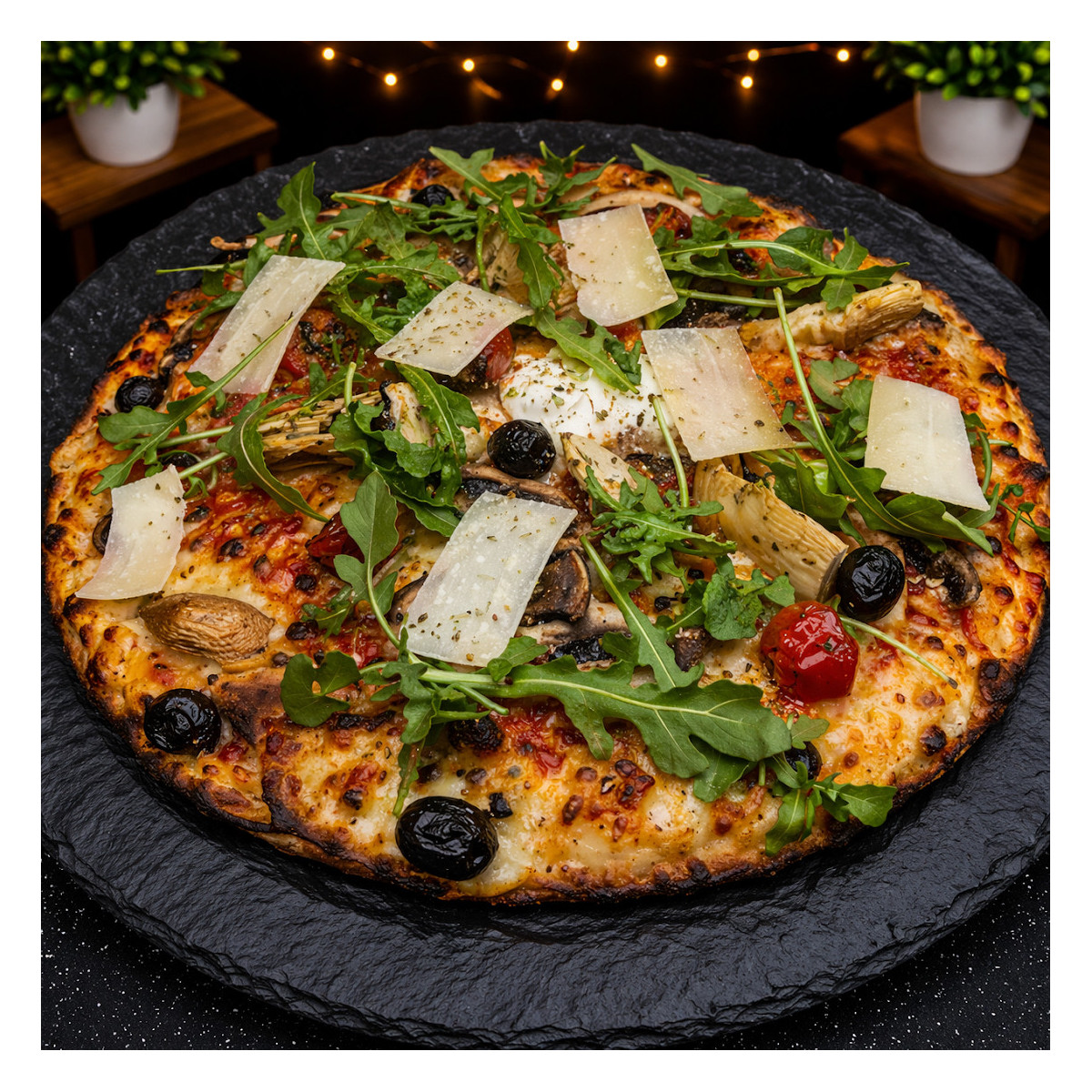 VEGE: Sauce tomate du Chef, mozza 100%, champignons, artichauts, t. cerises, huile persillé romaine, olives, Comté AOC, roquette